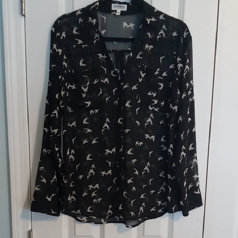Express Black Button-Down Shirt with Cream Bird Print